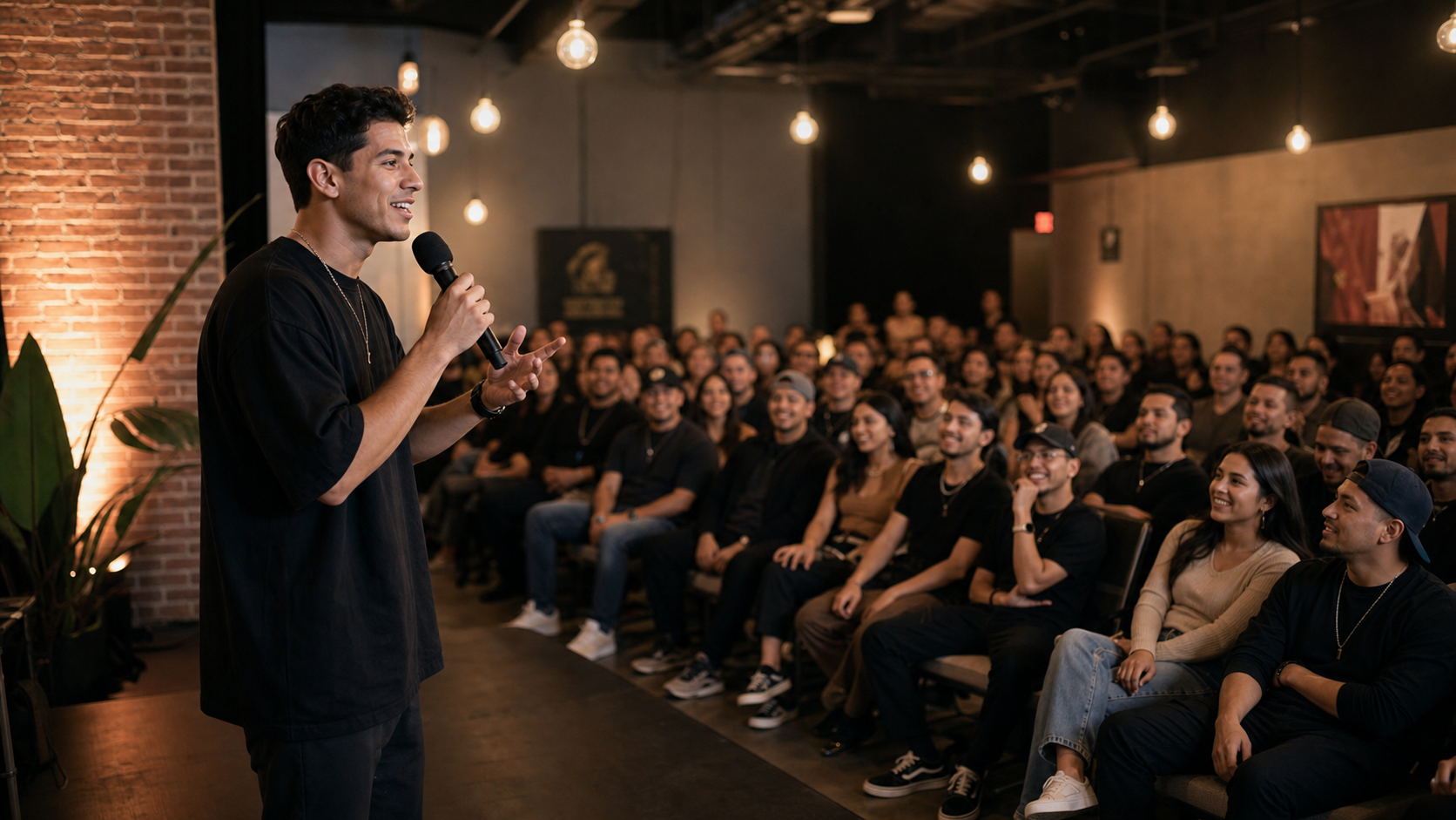 Creator speaking to an engaged community event audience