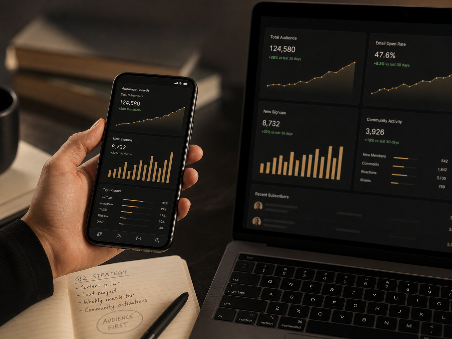 Owned audience growth dashboard on a phone and laptop